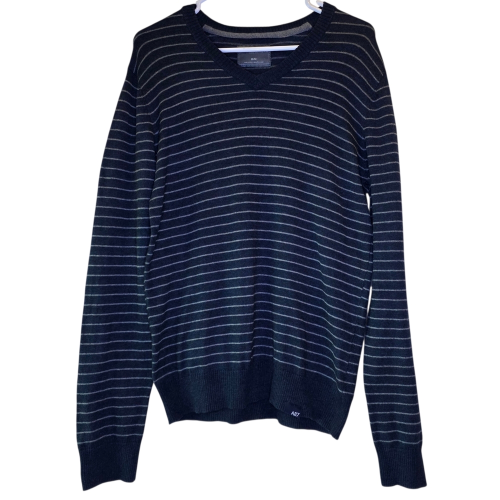 Aeropostale Men's M Striped V-Neck Sweater Navy Blue Gray A87 Wool Blend Knit